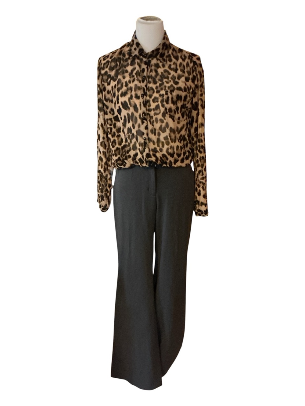 Leopard Print Blouse and Black Wide-Leg Pants Set